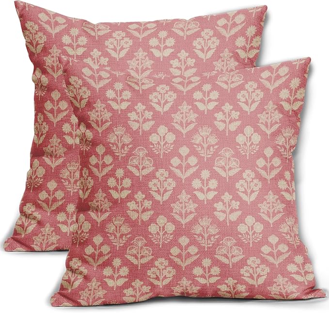 Pink Floral Block Print Pillow Covers 20x20 Inch Set of 2, Vintage Flower by Sivirary