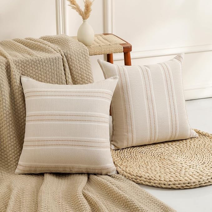 Hckot Hand Made Decorative Khaki Pillow Covers 18x18 Striped Throw Pillows - Image 2