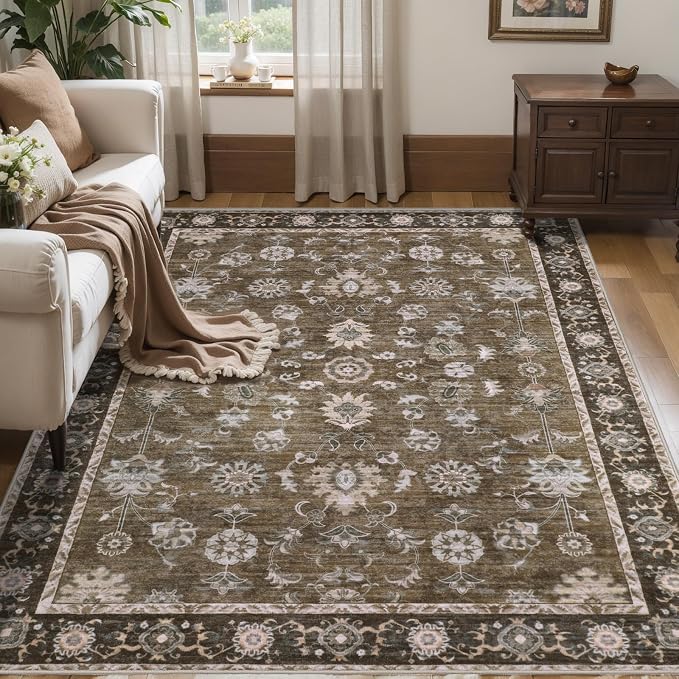 Tangsoo 3x5 Brown Washable Rug, Vintage Throw Entryway Rugs Non Slip, Soft Low by Tangsoo