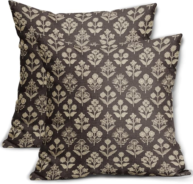 Dark Brown Floral Block Print Pillow Covers 16x16 Inch Set of 2, Vintage Flower by Sivirary