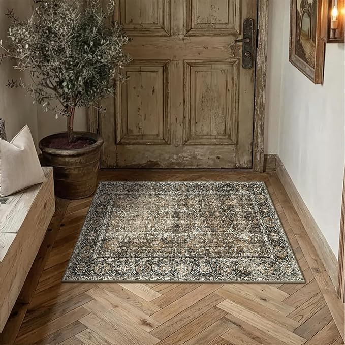 PureCozy Brown Entryway Rug 2x3 Vintage Area Carpet Indoor Kitchen Washable - Image 4