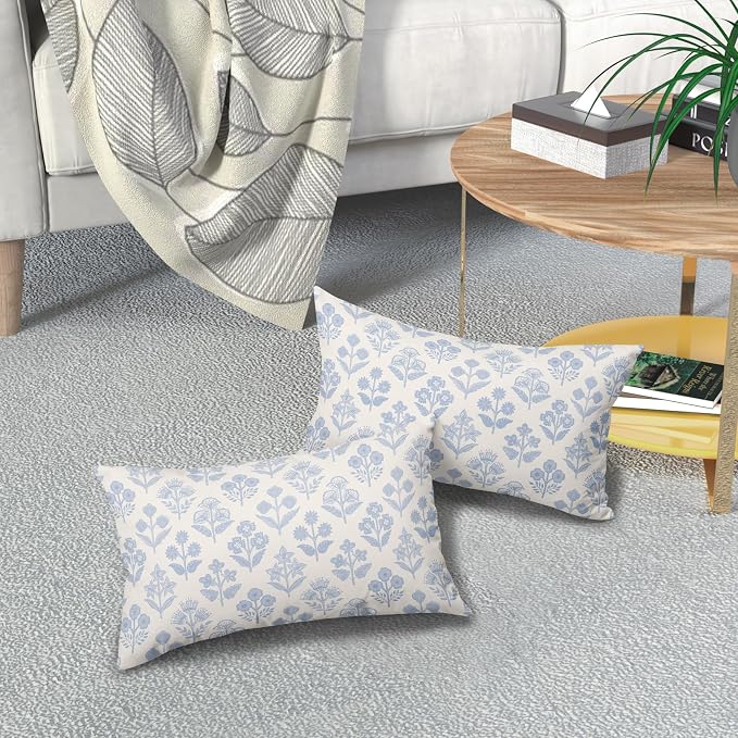Baby Blue Floral Pillow Covers 12x20 Inch Set of 2, Vintage Flower Block Print - Image 7