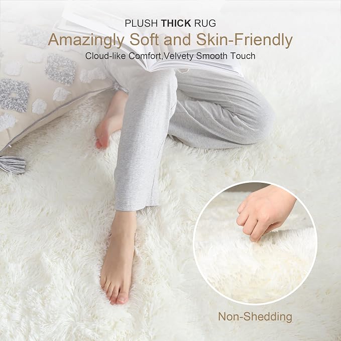 KICHOWUA Thick Area Rug 6x9 Cream White Fluffy Shag - Image 2