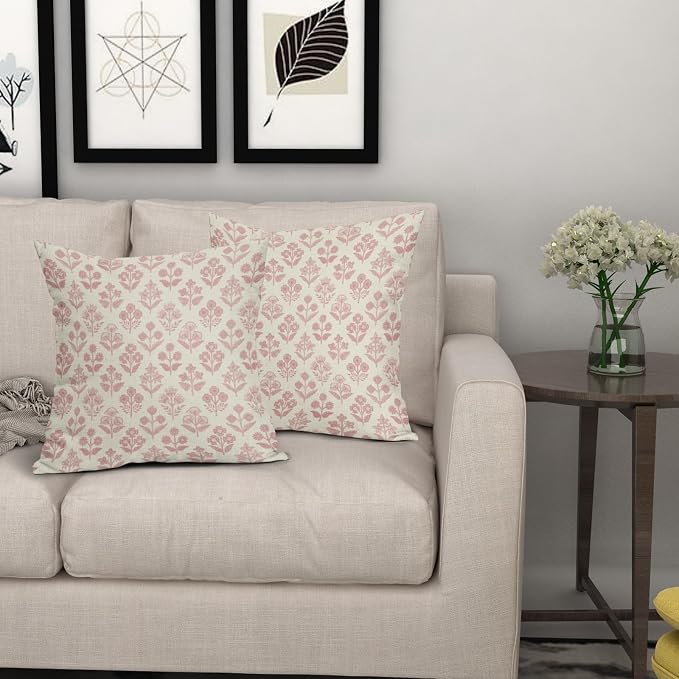Pink Floral Pillow Covers 24x24 Inch Set of 2, Vintage Flower Block Print - Image 7
