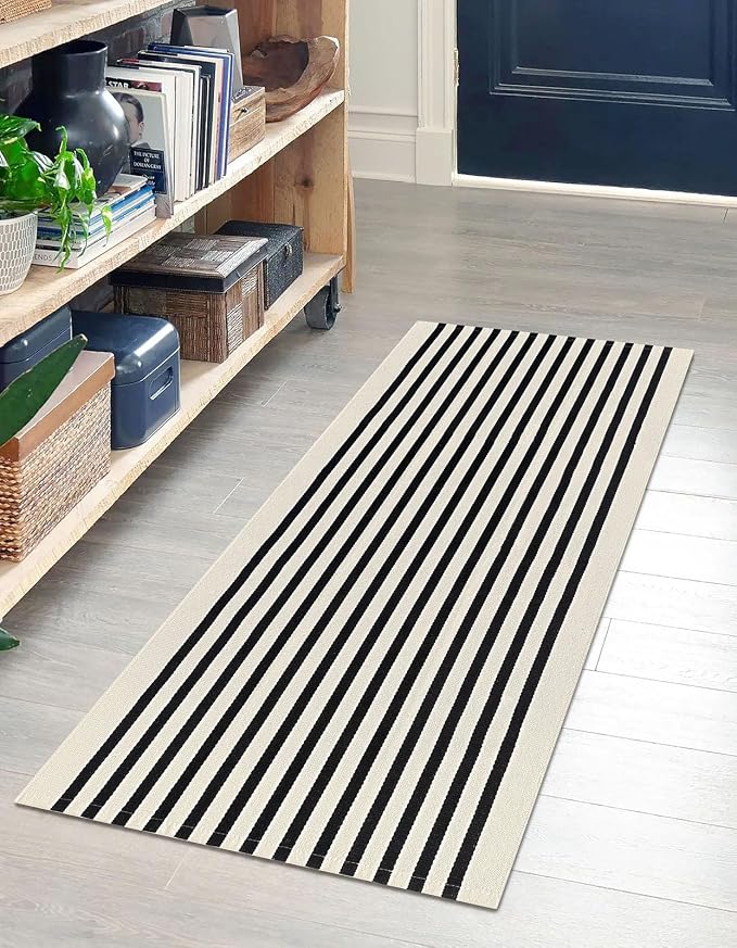 IOHOUZE Black Beige Striped Rug -2'x4.3' Front Door Rugs Outdoor, Small - Image 2