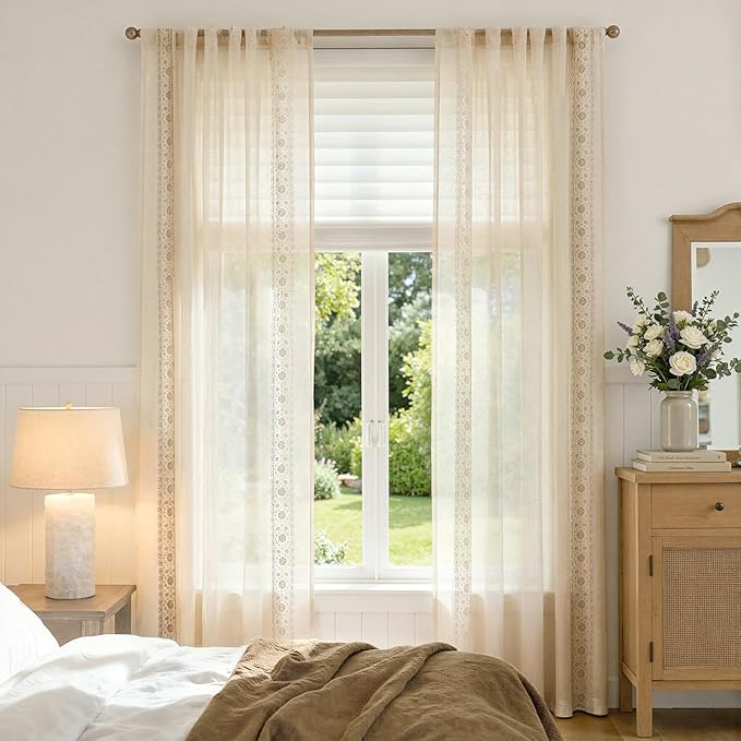 jinchan Weslie Beige Floral Sheer Curtains - Image 3