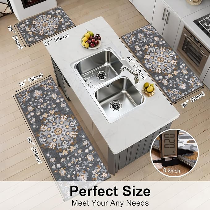 HEBE Washable Kitchen Rugs Sets of 3, Non Slip Absorbent Kitchen Rugs and Mats - Image 2