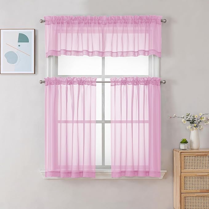 Chyhomenyc Pink Sheer Curtains 30 inch Length 2 Panels, Light Filtering Voile - Image 2