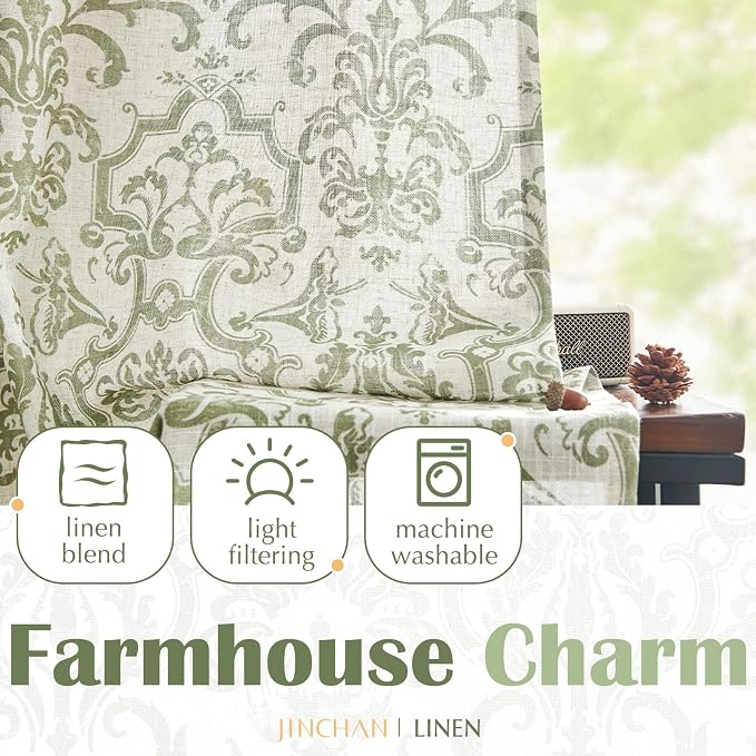 jinchan Linen Tie Up Valance for Window Flax Floral Drapes Vintage Farmhouse - Image 8