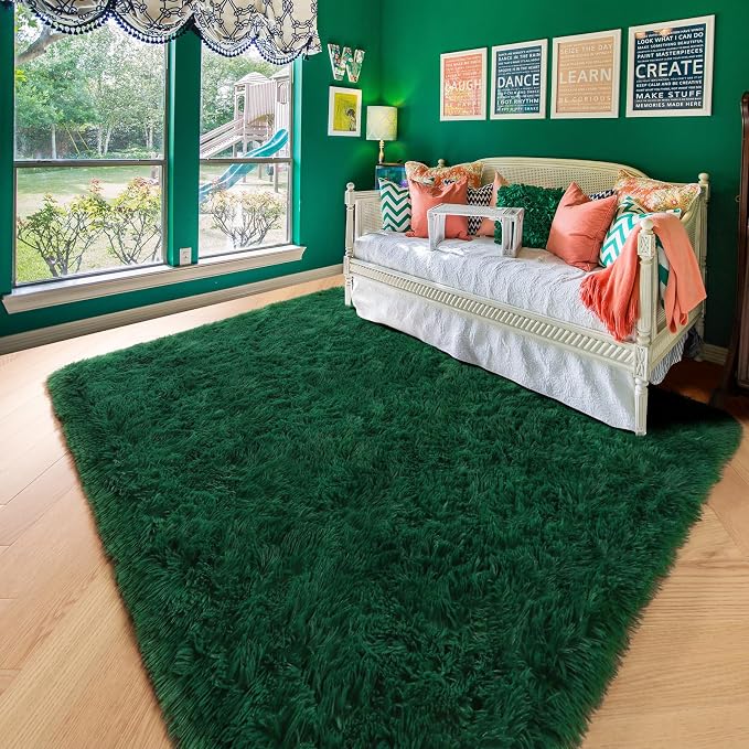 Amdrebio Dark Green Area Rugs for Living Room, Fluffy Thick Rug for Bedroom - Image 3