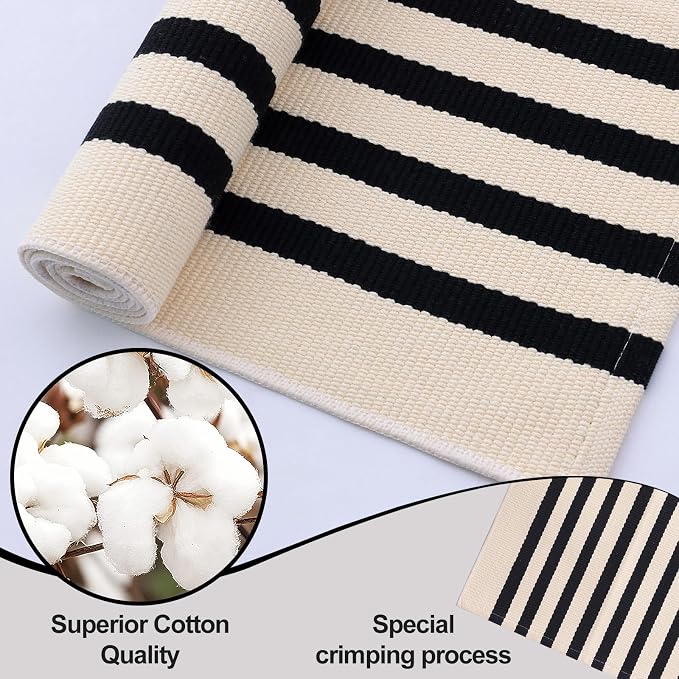 OLANLY Beige and Black Striped Rug 2'4" x 3'7" – Washable Cotton Doormat - Image 5