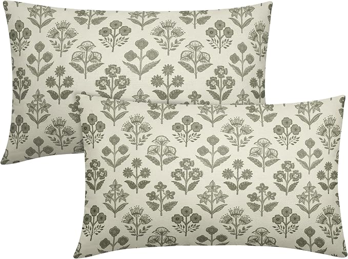 Olive Green Floral Pillow Covers 12x20 Inch Set of 2, Block Print Lumbar Flower by Sivirary