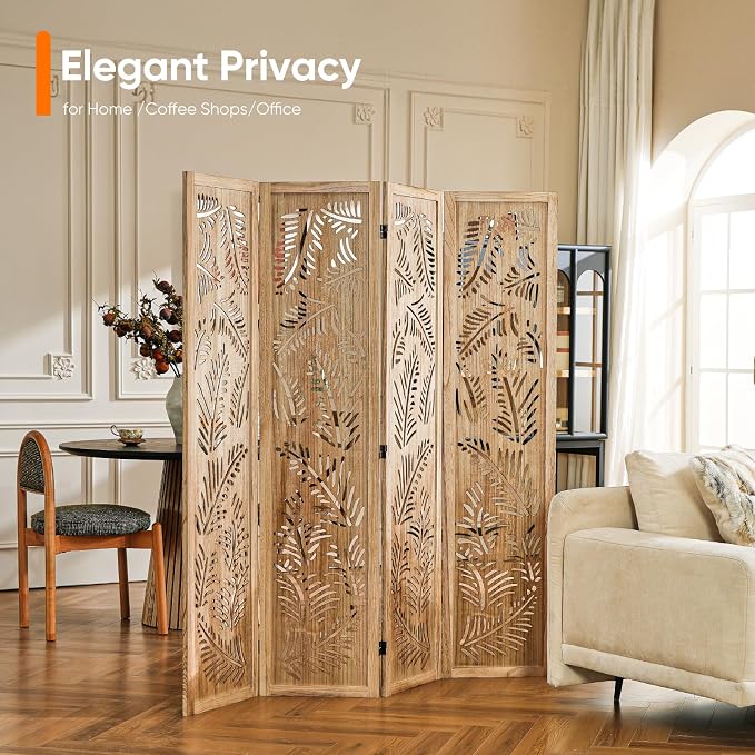 Boho Room Divider with Feather Carving, 4-Panel Openwork Wood Screen, - Image 5