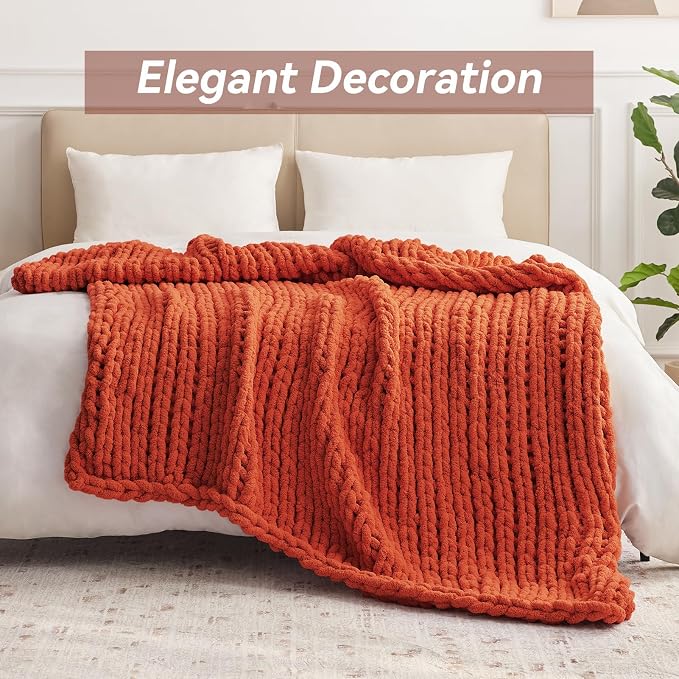 Negwoo Chunky Knit Throw Blanket, Handmade Orange Crochet Big Thick Blanket - Image 3