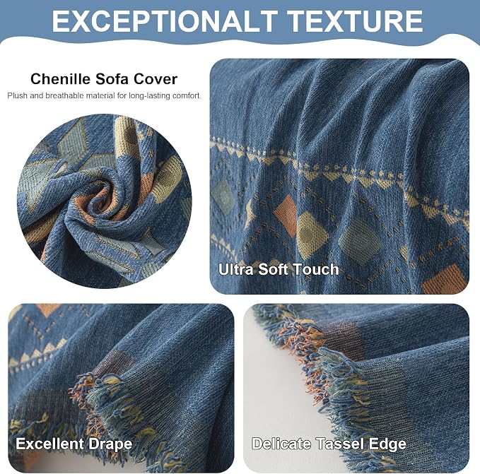 VClife Boho Couch Cover Blue Geometric Jacquard Pattern Sofa Cover, 1 Piece - Image 7