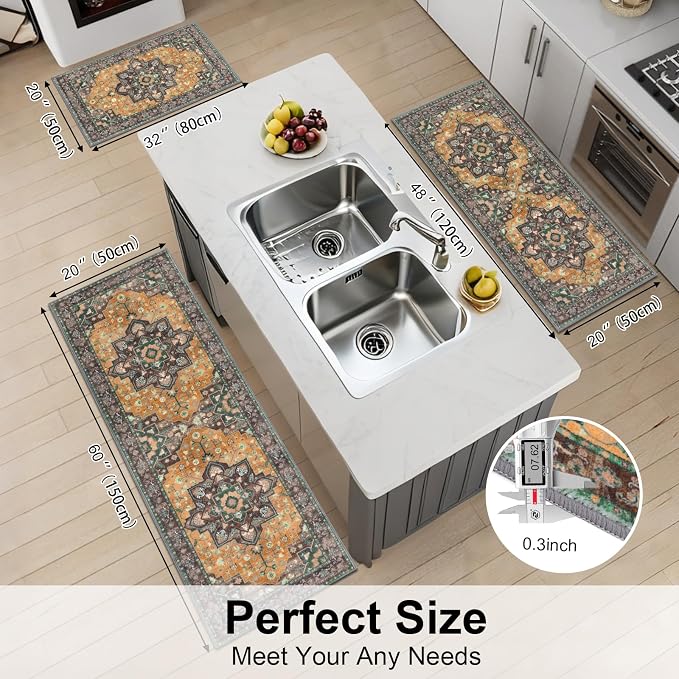 HEBE Farmhouse Kitchen Rugs Sets of 3 Non Slip Washable Boho Kitchen Rugs and - Image 2