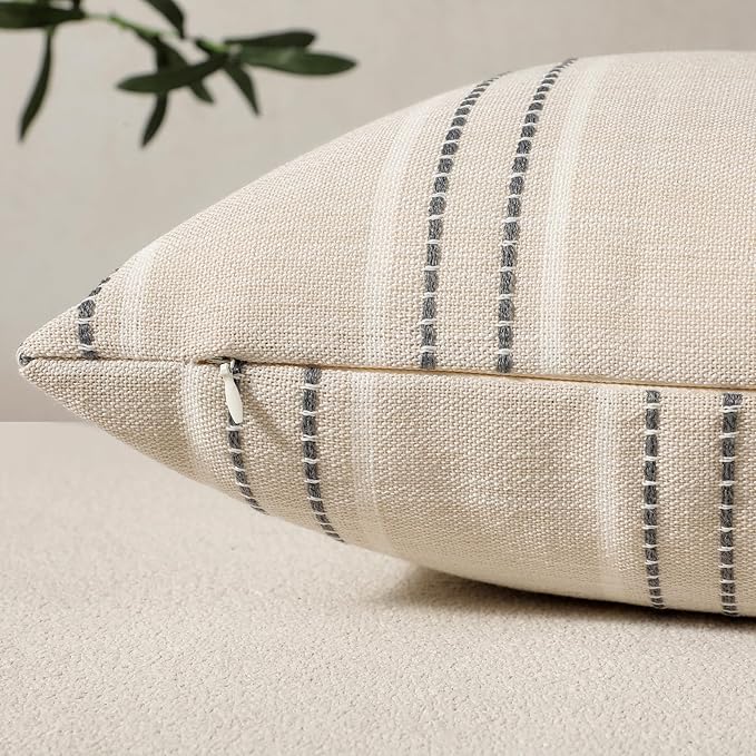 Hckot Throw Pillow Covers 24x24 Set of 2 Striped Pillow Covers Textured Linen - Image 2