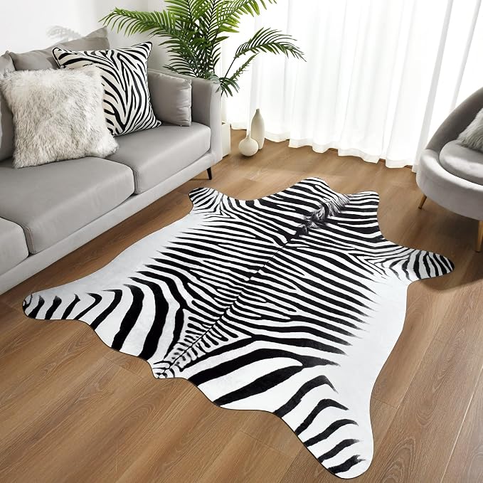 Easycozy Faux Zebra Pattern Rug: 5.2 x 6.2 Bold Zebra Stripe Faux Cowhide Area - Image 8