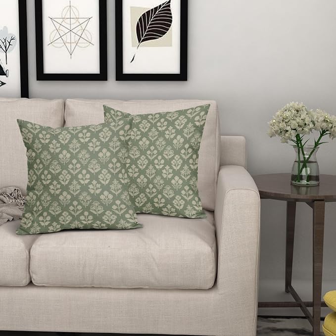 Sage Green Floral Block Print Pillow Covers 18x18 Inch Set of 2, Vintage Flower - Image 7