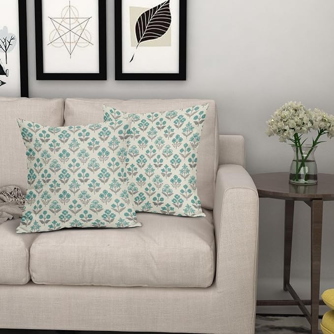 Teal Grey Gray Floral Block Print Pillow Covers 20x20 Inch Set of 2, Vintage - Image 7