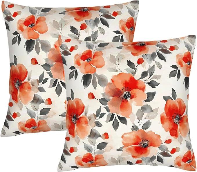 Burnt Orange Watercolor Floral Throw Pillow Covers 18x18 Set of 2, Spring Black by Unknown