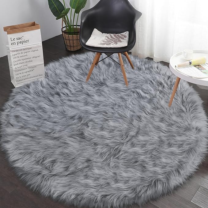 Grey Faux Fur Round Rugs for bedroom Living Room, Furry Carpet for Teen by TENNOLA