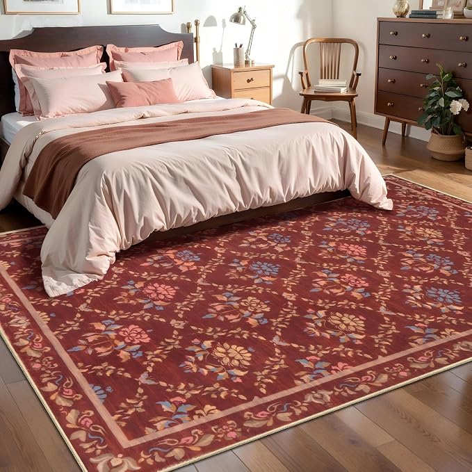 Tangsoo 5x7 Washable Area Rug, Non Slip Red Floral Indoor Rug, Soft Low Pile - Image 2