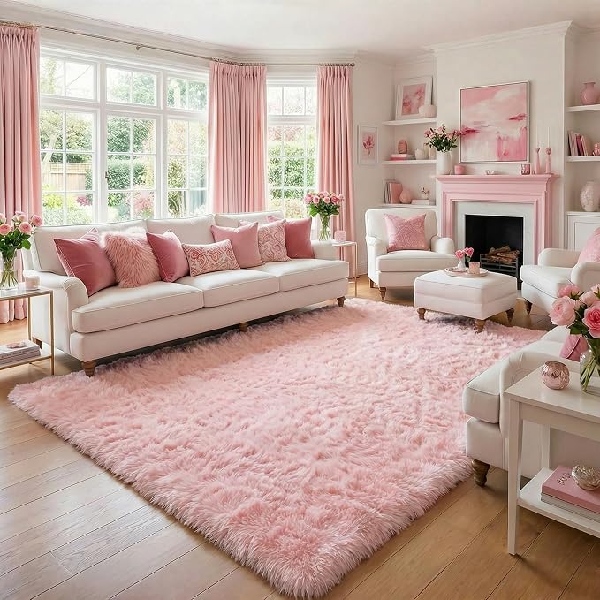 Amdrebio Pink Area Rug 6x9 for Girls Bedroom, Large Shag Fluffy Rugs for Living - Image 3