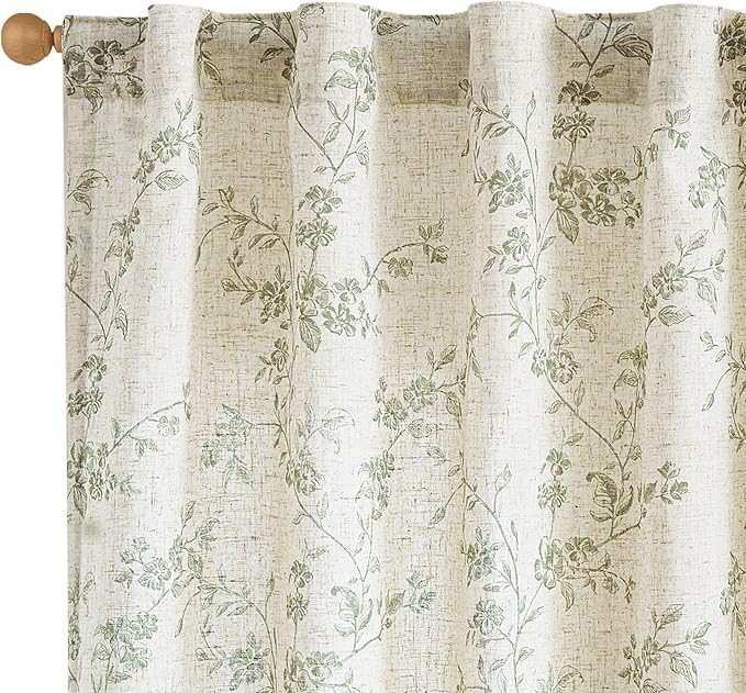 Lazzzy Green Floral Linen Curtains 96 Inch Farmhouse Back Tab Drapes by Lazzzy