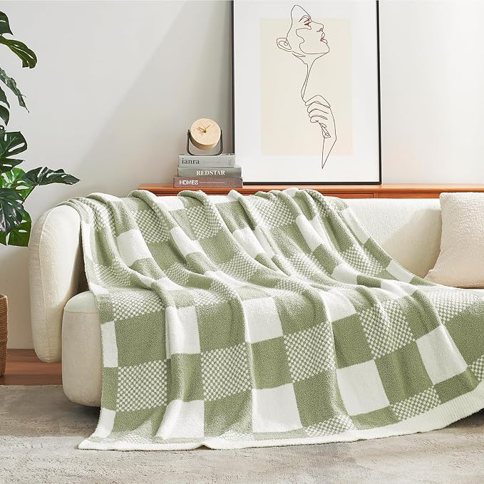 Snuggle Sac Checkered Blanket, Sage Green Throw Blanket - Image 6
