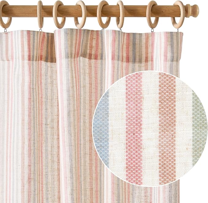 jinchan Linen Curtains for Living Room Candy Striped Curtains 63 inch Length - Image 2