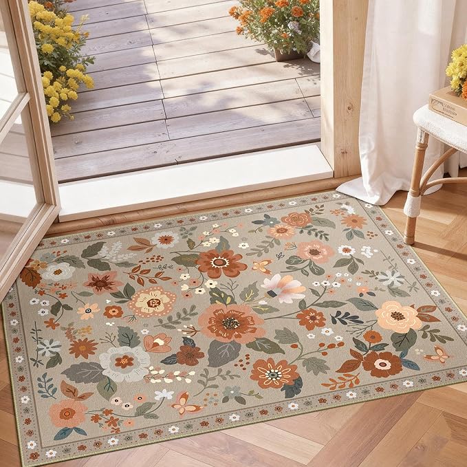 RELEANY Floral Nursery 2x3 Area Rugs Washable Print Boho Cute Carpet Non Slip by RELEANY