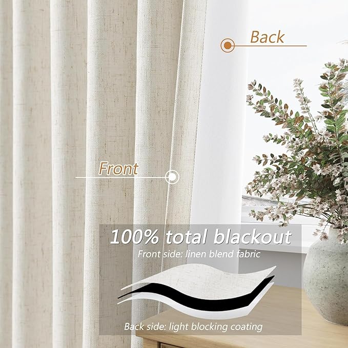 Guken Cream 100% Blackout Cream Linen Curtains 52 Inch Wide by 106 Inch 2 - Image 4