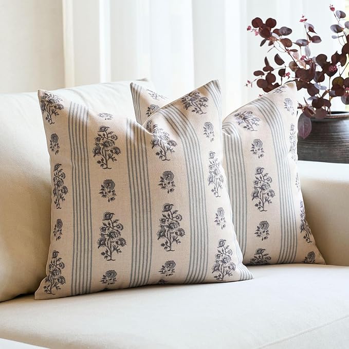 Amor Virisso Floral Throw Pillow Covers 20x20 Set of 2 Block Print Pillow by AffordableFloralPrintMaker