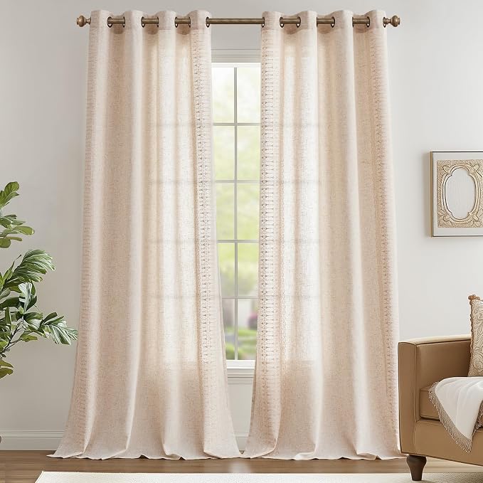 jinchan Boho Curtains for Bedroom Beige Linen Blend Extra Long Curtains for - Image 2