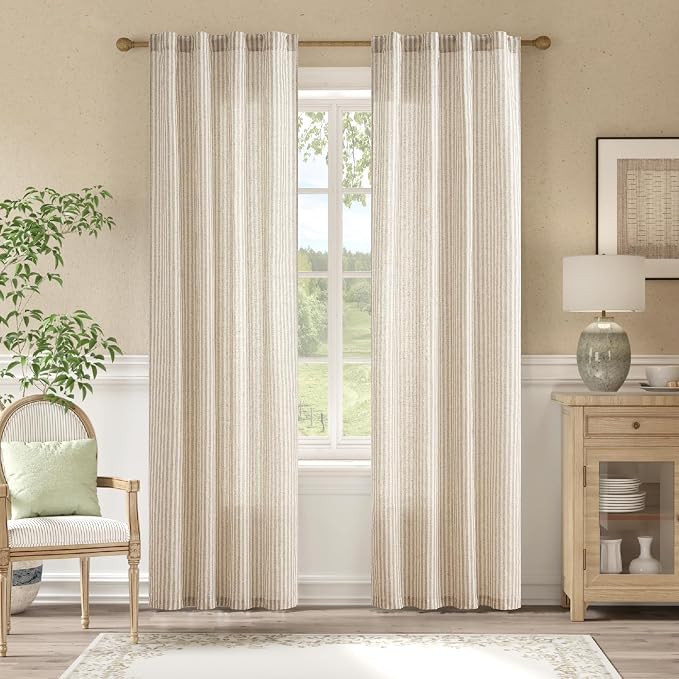 jinchan Linen Curtains Taupe Grey on Beige Striped Curtains by JINCHAN
