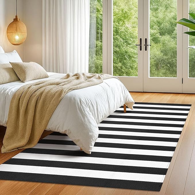 KOZYFLY Black and White Striped Outdoor Rug 5x7 Ft Area Rug Washable Indoor - Image 2
