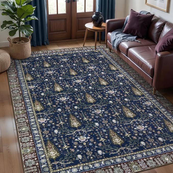Tangsoo 4x6 Washable Area Rugs Non Slip, Boho Vintage Blue Floral Throw Rug by Tangsoo