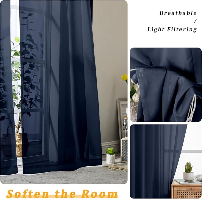 Gwine Navy Blue Sheer Curtains 84 Inches Long 2 Panels Set - Image 3