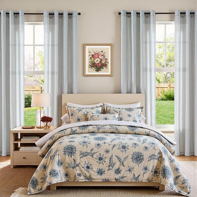 jinchan Linen Curtains for Living Room Blue on Beige Striped Curtains for - Image 5