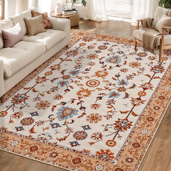 Tangsoo Floral Area Rug 5x7 Machine Washable Orange Rug Non-Slip Vintage by Tangsoo