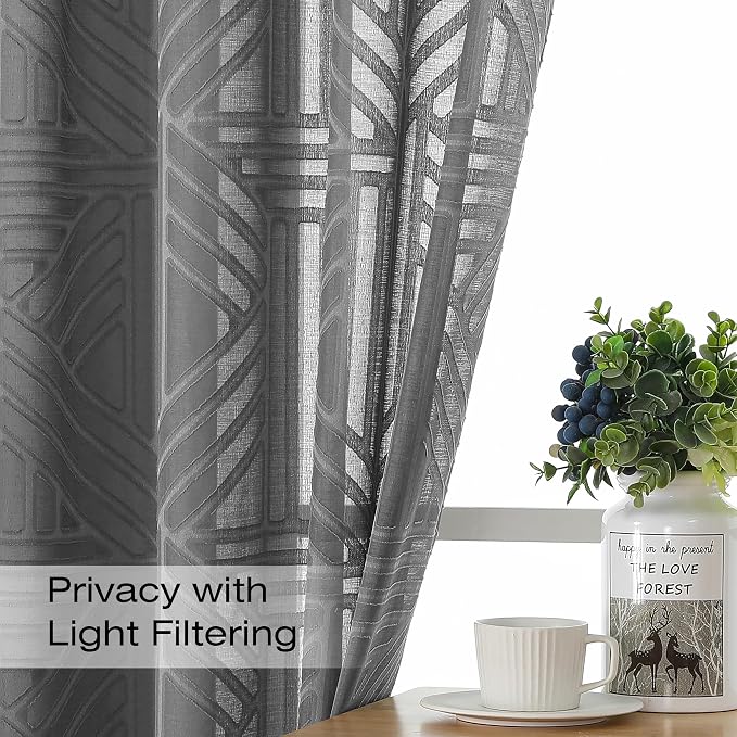 Simplebrand Grey Sheer Kitchen Curtains 36 Inch Length Tier Curtains 2 Panels - Image 2