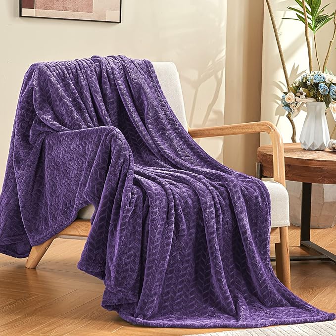 inhand Purple Fleece Twin Blanket, Super Soft Flannel Leaves Pattern Fuzzy - Image 4