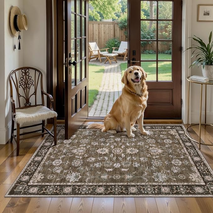 Tangsoo 3x5 Brown Washable Rug, Vintage Throw Entryway Rugs Non Slip, Soft Low - Image 9