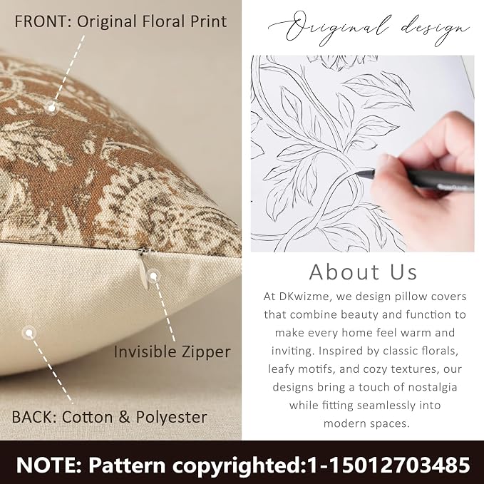 Vintage Floral Print Throw Pillow Covers 16x16 Set of 2 Neutral Modern - Image 3