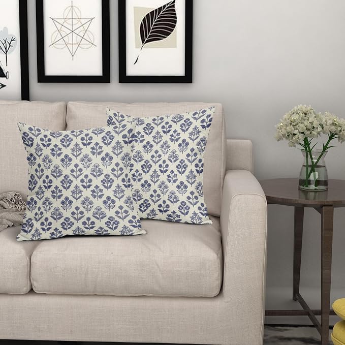 Navy Blue Floral Pillow Covers 22x22 Inch Set of 2, Vintage Flower Block Print - Image 7
