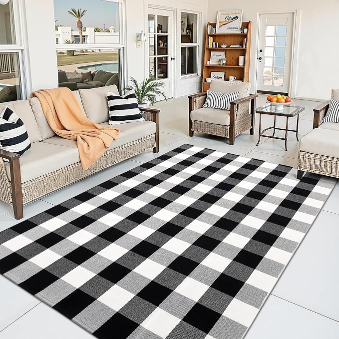 OLANLY Buffalo Plaid Rug 3' x 5' – Black and White Cotton Checkered Doormat - Image 3