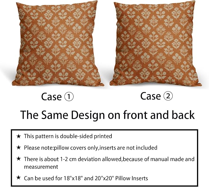 Burnt Orange Floral Pillow Covers 22x22 Inch Set of 2, Vintage Flower Block - Image 6
