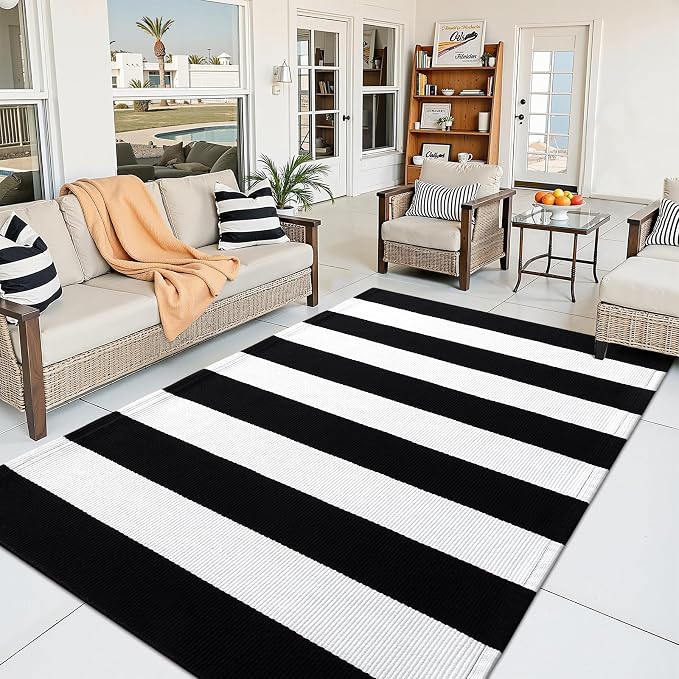 OLANLY Black and White Striped Rug 5' x 7' – Washable Cotton Indoor Outdoor - Image 4