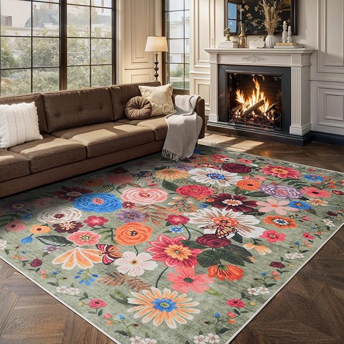 Green Area Rugs 10x14 Living Room, Non Slip Machine Washable Floral Rugs - Image 6